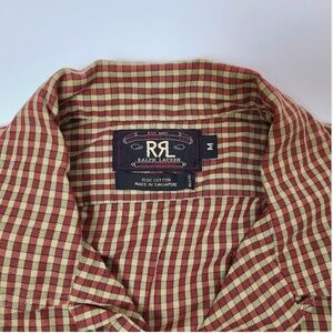 Vintage 90s RRL Ralph Lauren Camp Shirt Red Khaki Windowpane Plaid Loop Collar